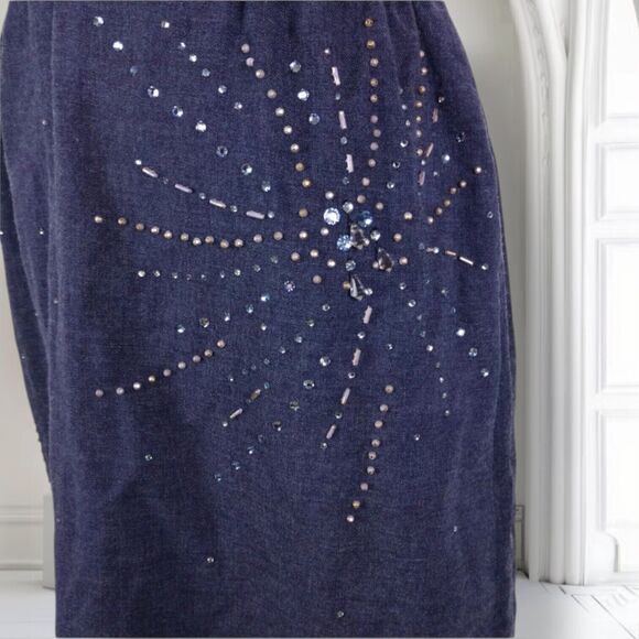 Vintage 50s 60s Beaded Fitted Cocktail Sheath Dress Size 6 Chambray Boat Neck - Picture 10 of 13